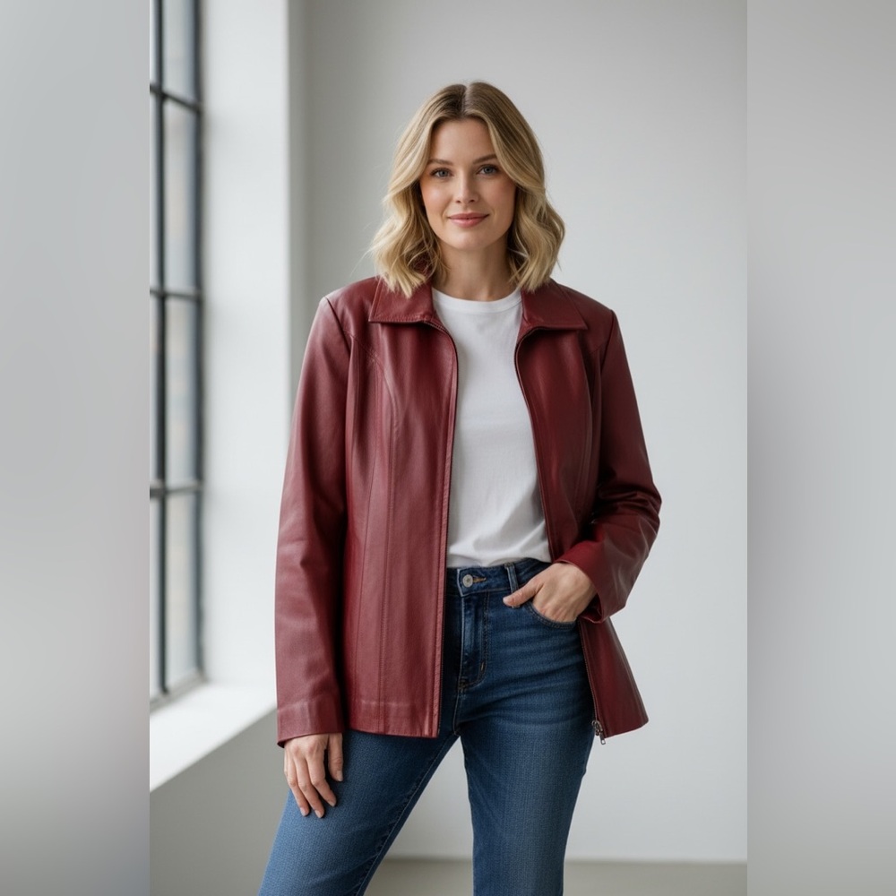 East 5th Women’s Deep Red Genuine Leather Zip Jacket XL Style